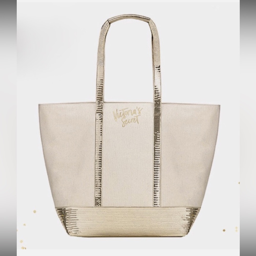 VICTORIA'S SECRET SPARKLE BEIGE GOLD SEQUIN TOTE PURSE BAG TRAVEL COTTON CANVAS